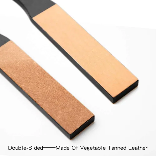 Vista 3 de Afilador de cuero natural con compuesto de pulido verde, tabla de pulir de madera con mango negro de doble cara, cuero curtido vegetal, herramienta