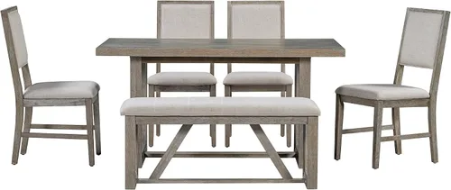 Vista 9 de Merax Juego de mesa de comedor retro de 6 piezas, 1 mesa rectangular con base de caballete diseñada y 4 sillas tapizadas y 1 banco para Gris