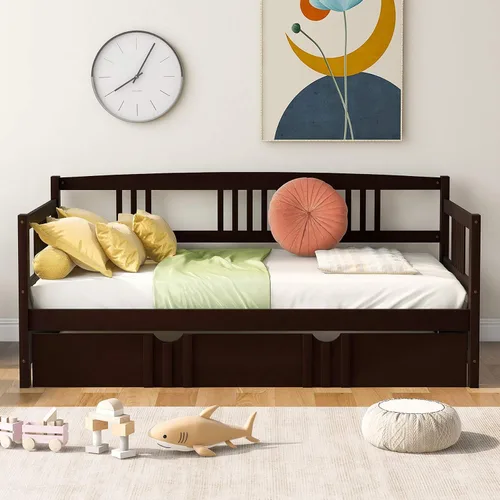 Vista 9 de P PURLOVE Sofá cama individual de madera con rieles, cama individual, listones de madera que soportan la vida moderna, individual, espresso