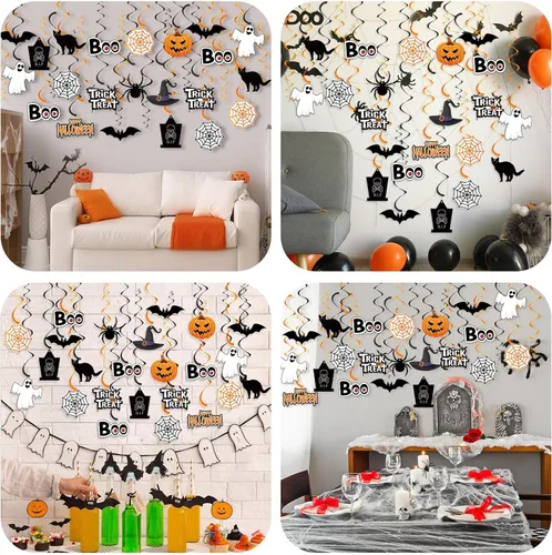 Vista 7 de Lincia 72 piezas de decoración de remolinos colgantes de Halloween, araña, fantasma, calabaza, decoración de techo, decoración de remolinos