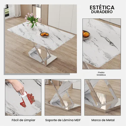 Vista 8 de Juego de mesa de comedor de mármol para mesa rectangular blanca de 6.63 pulgadas con marco de metal plateado en forma de X y 6 sillas de comedor
