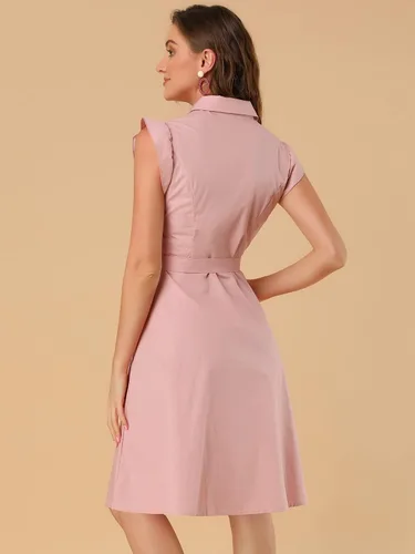 Vista 5 de Allegra K Vestido casual de oficina de manga con volantes para mujer, con lazo en la cintura, con botones y botones