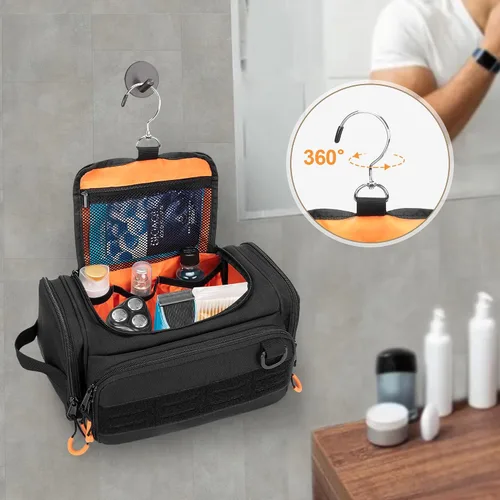 Vista 4 de Neceser táctico para hombres, bolsa de higiene colgante, kit organizador de viaje para afeitarse, artículos esenciales de ducha y artículos de aseo
