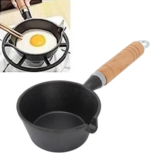 Vista 4 de Mini sartén antiadherente, mini sartén de hierro fundido, mango de madera maciza, mini sartén presazonada para cocinar en interiores y exteriores