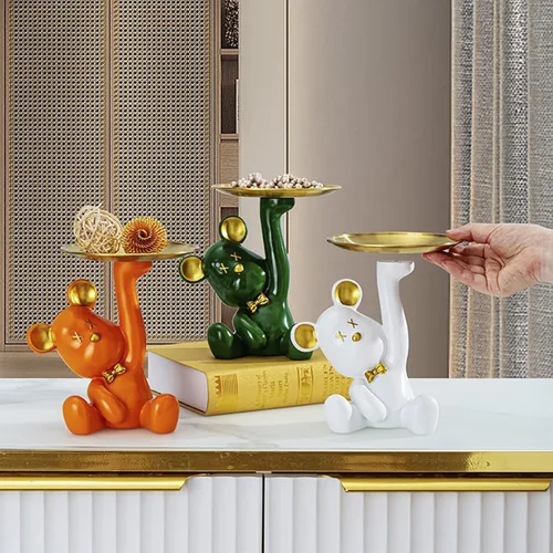 Vista 7 de Escultura de oso de dibujos animados de resina con bandeja de metal, bandeja de almacenamiento de figuras de animales, bandeja de almacenamiento
