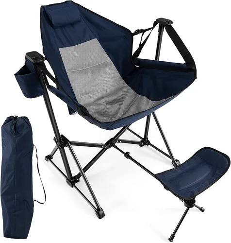 Vista 11 de Giantex Hamaca para exteriores, silla de campamento, mecedora con reposapiés extraíble, respaldo ajustable, almohada, soporte para tazas, bolsa