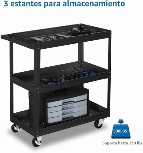 Vista 2 de TUFFIOM Carrito de herramientas rodante de 3 niveles, capacidad de 330 libras, con mango ergonómico, negro