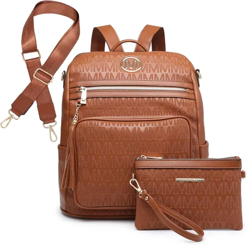 Vista 19 de MKP COLLECTION Mochila de moda para mujer, bolsa convertible grande para mujer, mochila de viaje, bolsa de hombro, juego de 2 piezas con borla, Beige