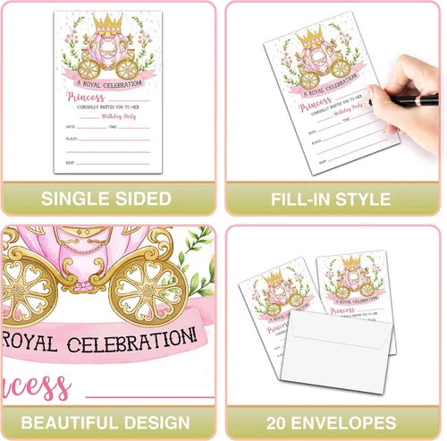 Vista 3 de Invitaciones de cumpleaños de princesa con sobres, tarjeta de invitación de fiesta real para niñas, tarjetas de invitaciones rosadas y doradas