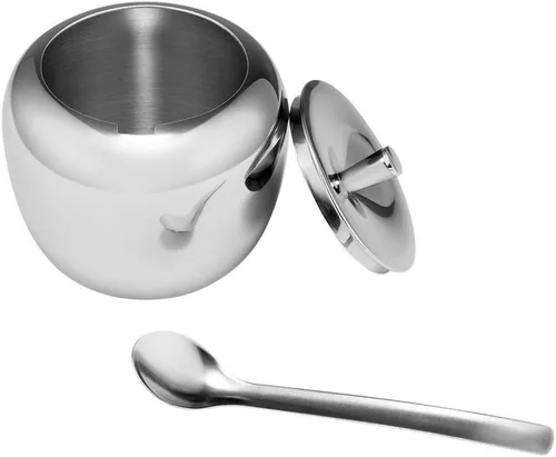 Vista 5 de Cuenco de azúcar de manzana de acero inoxidable para condimentos con tapa y cuchara