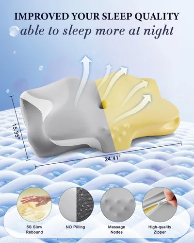Vista 6 de Almohada cervical para el alivio del dolor de cuello, almohadas de espuma viscoelástica de enfriamiento ergonómicas para dormir con funda de Gris