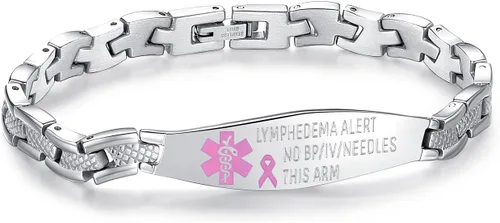 Vista 10 de LinnaLove Lymphedema Alert Bracelets no bp/iv/needles this arm Stainless Steel Medical id Bracelets for Women
