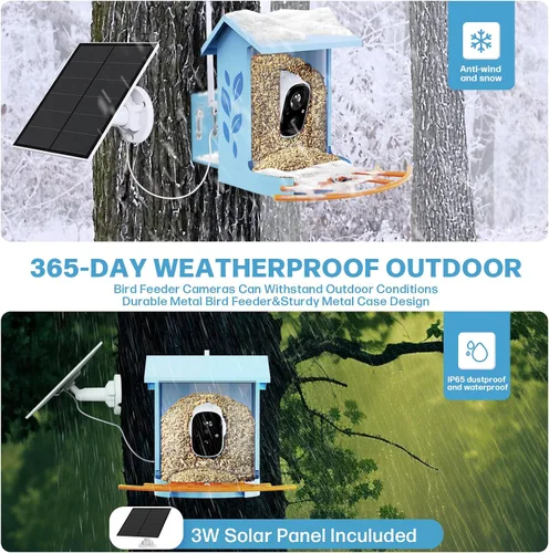 Vista 2 de Bird Feeder with Camera Smart Solar Powered Birds Feeder with 1080P FHD, Auto Motion Detect & Notify, AI Identify 11000+ Bird Species Identification