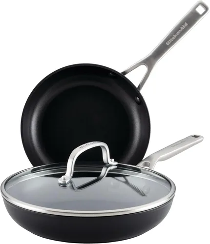 Vista 26 de KitchenAid - Juego de ollas y sartenes antiadherentes de inducción con anodizado duro, 10 piezas, color negro mate Juego de utensilios de cocina