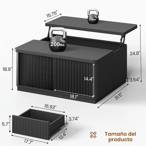 Vista 2 de Itaar Mesa auxiliar elevable de 39.4 pulgadas con almacenamiento, mesas de centro estriadas para sala de estar, mesa de centro cuadrada con gran