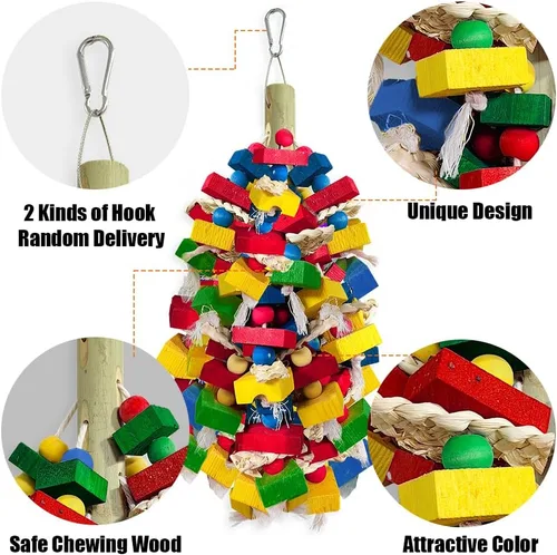 Vista 3 de Juguetes de loros para pájaros grandes, bloques de madera multicolor para masticar, jaula de loro, juguete para mordeduras para guacamayos