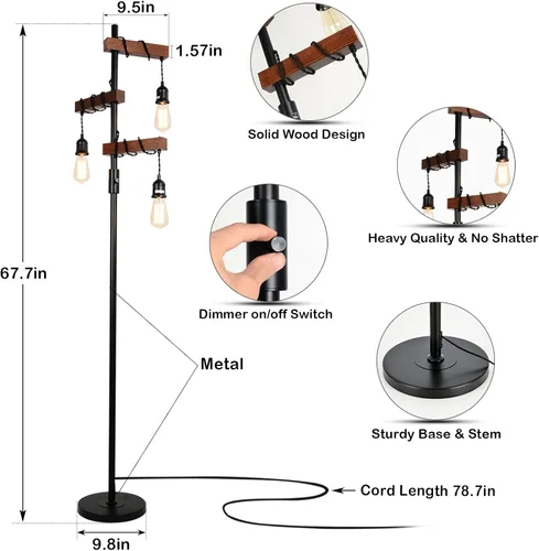 Vista 3 de Lámpara de pie industrial regulable, lámpara de pie de árbol de granja, lámpara de pie de madera de 68 pulgadas, 3 luces, base resistente, luz
