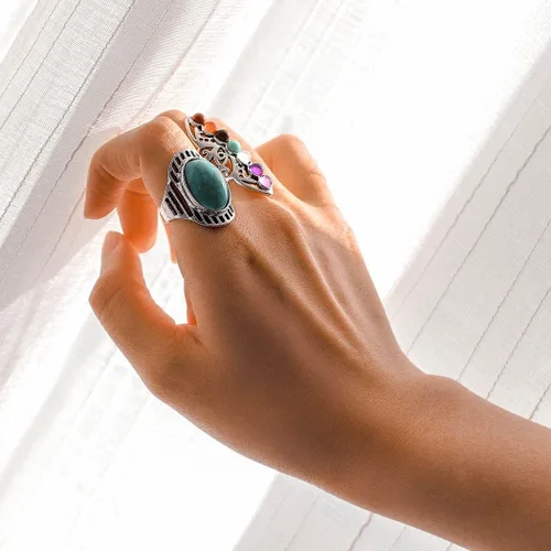 Vista 4 de Navoky Anillo de chakras, bohemio, vintage, de plata, tallado, nudillo, turquesa, piedra curativa, joyería de mano para mujeres y niñas