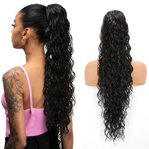 Vista 22 de Extensiones de cabello rizado con cordón para mujeres negras, 16 pulgadas de largo, sintético, afro, esponjoso, en capas, extensión de cola