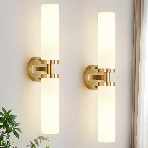 Vista 8 de Indoi Apliques de pared de níquel cepillado, apliques de baño cableados con vidrio transparente, modernos accesorios de tocador de baño para espejo