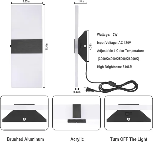 Vista 3 de TRLIFE Lámpara de pared LED moderna, ajustable 4 temperaturas de color 12W lámpara de pared moderna enchufe, luz de pared acrílica montada