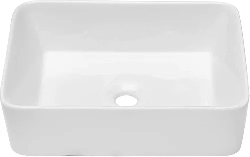 Vista 42 de Fregadero de baño de recipiente, semiempotrado, blanco y negro, 19 x 12 pulgadas, sobre encimera, fregaderos de cerámica rectangulares, encimera