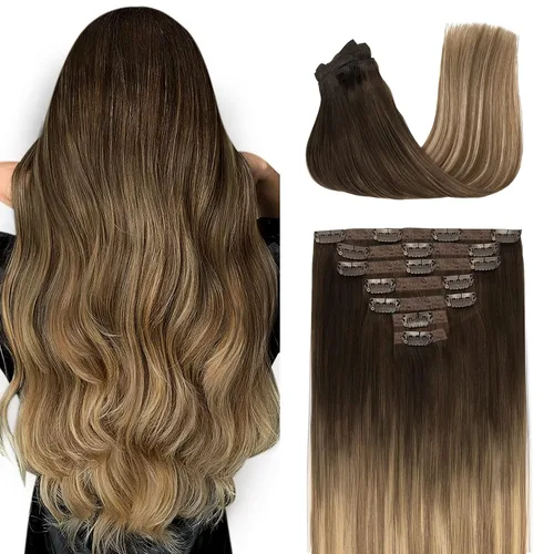 Vista 9 de Extensiones de cabello humano real con clip, extensiones de cabello humano real sin costuras, extensiones de cabello humano real de 16 pulgadas