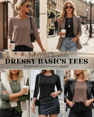 Vista 3 de Ficerd Paquete de 3 camisetas de manga 3/4 para mujer, cuello redondo, camisetas básicas elegantes, casuales, modernas, holgadas