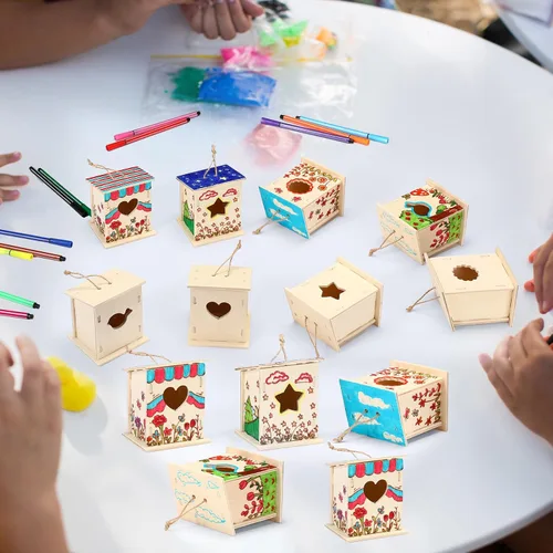 Vista 7 de Outus Kit de 24 piezas de casa de pájaros de madera para que los niños construyan, kit de casa de pájaros de 4 formas de madera sin terminar