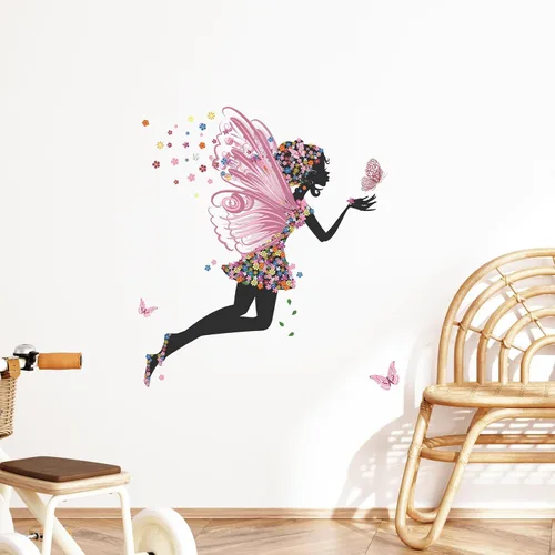 Vista 4 de Calcomanías de pared de mariposa para niña, calcomanías de pared de hadas de flores, calcomanías de vinilo extraíbles para niñas, bebés, guardería