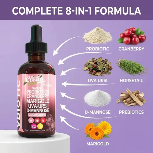 Vista 10 de Clean Nutraceuticals VBiotic - Probiótico vaginal para mujer, gotas líquidas Cranberry Uva Ursi Cola de caballo D-Manosa Prebióticos Caléndula