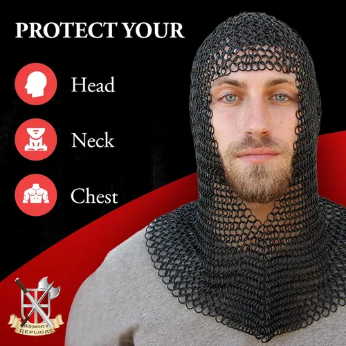 Vista 13 de Armory Replicas Medieval Chainmail Coif Armor, Mild Steel, 18.75 Inches Silver