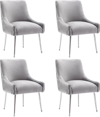 Vista 23 de Sillas de comedor de estilo moderno de terciopelo tapizado, silla de acento de tocador con barra vertical, silla capitonada con patas plateadas