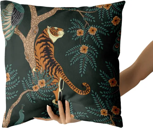 Vista 4 de Juego de 2 fundas de almohada con diseño de tigre de 22 x 22 pulgadas, de algodón con diseño de animales de bosque de pavo real, fundas decorativas