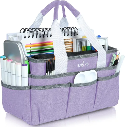 Vista 13 de JJRING Bolsa organizadora de manualidades, organizador de arte con múltiples bolsillos, bolsa de costura beige para arte, manualidades, álbumes