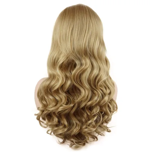Vista 4 de Peluca de cabello ondulado largo de 24 pulgadas, mezcla de rubio de cuatro tonos, mitad atada a mano, densidad pesada, sintética, encaje frontal
