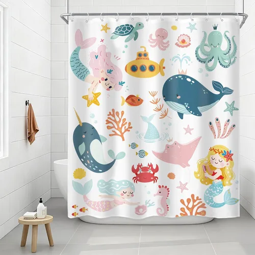 Vista 19 de Riyidecor Ocean - Cortina de ducha para niños, 60 pulgadas de ancho x 72 pulgadas de alto, diseño de ballena, dibujos animados, animales, delfín