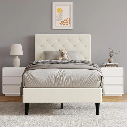 Vista 19 de HOMBCK Base de cama de tamaño individual con cabecera, base de cama tapizada con plataforma de lino para niños, base de cama de tamaño individual