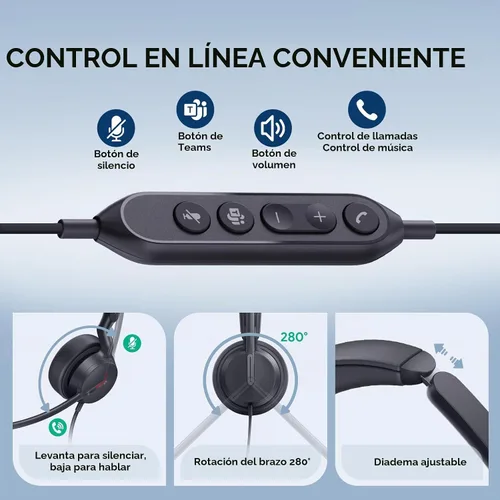 Vista 3 de Yealink Auriculares USB con cable UH44 para trabajo, USB-C/A, 2 micrófonos