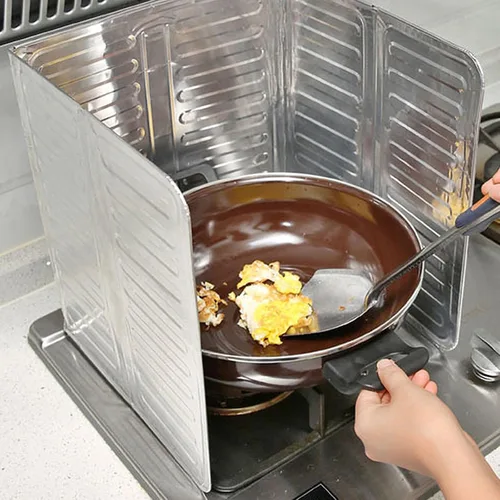 Vista 2 de Juego de 4 protectores contra salpicaduras de grasa plegable – Protector contra salpicaduras de aceite de estufa Aluminio de 3 lados Freidora