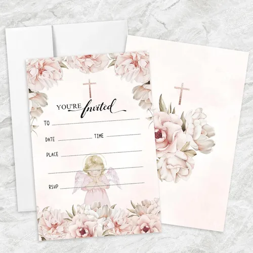Vista 36 de AEHIE 20 juegos de invitaciones de bautizo con forma de fiesta de bautizo para baby shower, con sobres, tarjetas de invitaciones con cruz dorada