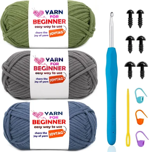 Vista 38 de Hilo de Ganchillo para Principiantes Verde Manzana Hilo de Algodón para Tejer y Tejido - Kit de Ganchillo para Principiantes - 3 * 50g