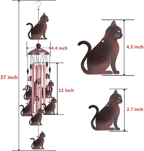 Vista 3 de Campanillas de viento de jardín para gatos al aire libre y en interiores - con 4 tubos, 6 campanas, 7 gatos, atrapaventos de gatos móviles