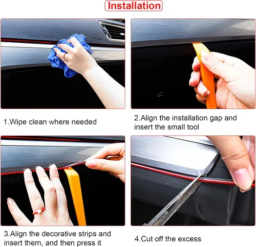 Vista 6 de Tiras decorativas para interior de automóvil, tiras flexibles para insertar y decorar puertas y tablero, efecto metalizado, incluye herramienta