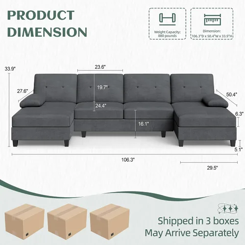 Vista 2 de Vongrasig Camillas seccionales para sala de estar, sofá en forma de U con diván, sofá modular grande moderno de 4 asientos para sala de estar Negro