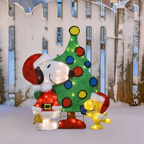 Vista 3 de ProductWorks Peanuts Adorno de Jardín Preiluminado de Snoopy y Woodstock para Árbol de Navidad Interior/Exterior, Exhibición Navideña con 70 Luces
