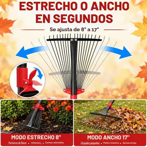 Vista 2 de Rastrillo ajustable para hojas de jardín, rastrillo de hojas de metal resistente de 58 pulgadas con cabeza expandible (8 a 17 pulgadas), rastrillos