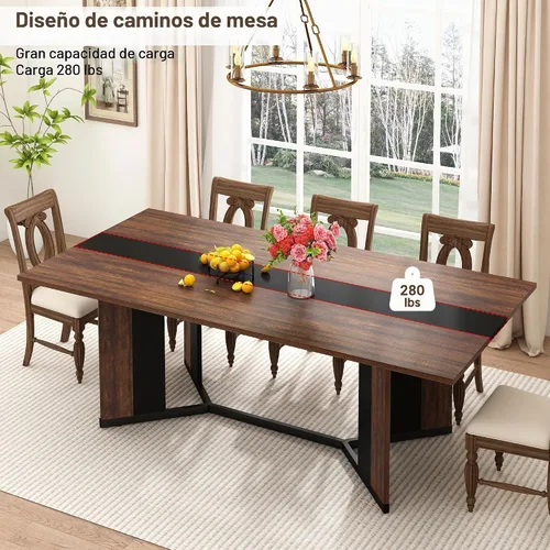Vista 4 de chartustriable Mesa de comedor para 4 a 6 personas, mesa de cocina moderna grande de 71 pulgadas con diseño de camino de mesa integrado, mesa