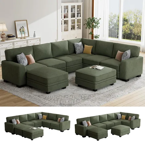 Vista 14 de Legend Vansen Sofá modular de gran tamaño, sofá reversible en forma de U con otomana, sofá de pana de asiento profundo para sala de estar, 6 plazas