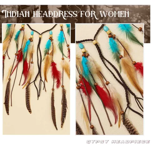 Vista 6 de GORTIN Diadema de plumas bohemias, tocado hippie, disfraz indio gitano, accesorio bohemio para el cabello para mujer (A-azul + rojo)